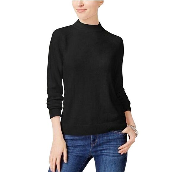 Karen Scott Petite Luxsoft Zip-Back Mock-Neck Sweater Luxsoft Black PP - Picture 1 of 1